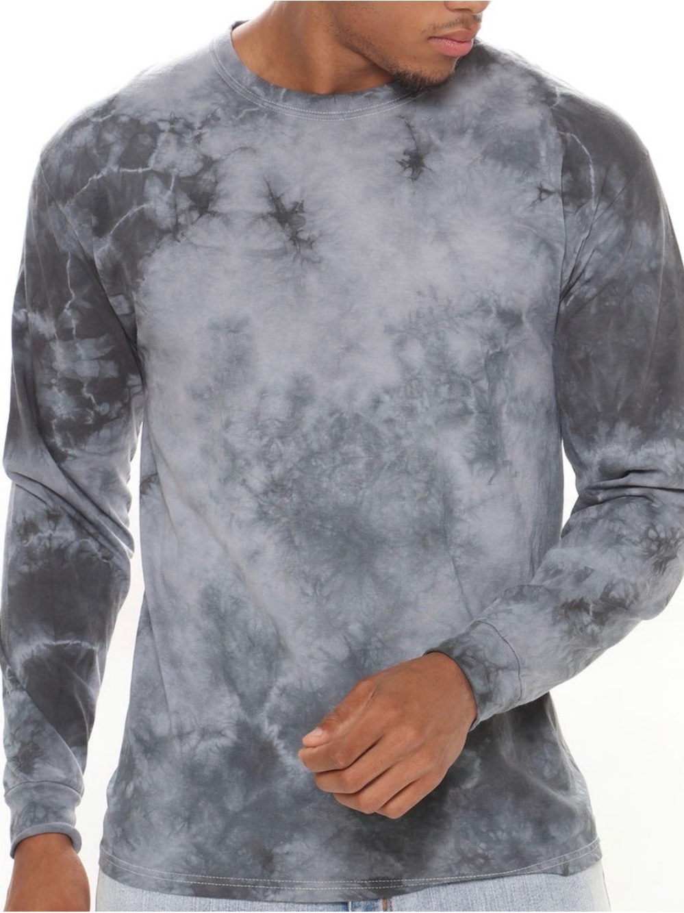 Fashion Nova Men's Blue/Gray Tie-Dye Long Sleeve Crewneck Shirt
